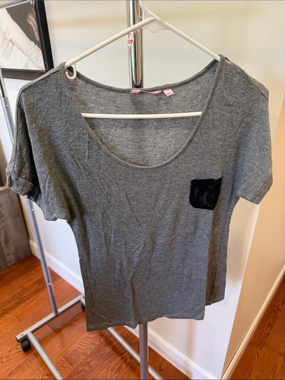 La Vie En Rose Gray Scoop Neck Tee with Black Pocket
